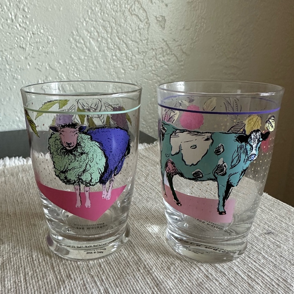 Anthropologie Lorena Maranon Toscana Juice Glasses Farm Animals Cow Sheep Set 2
